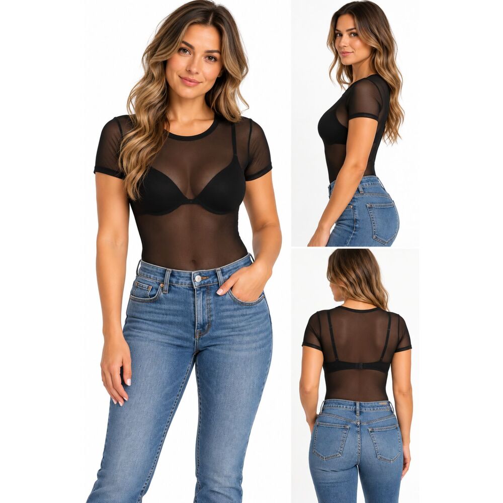 Forever 21 Women’s Black Sheer Mesh Short Sleeve Bodysuit | Size Large